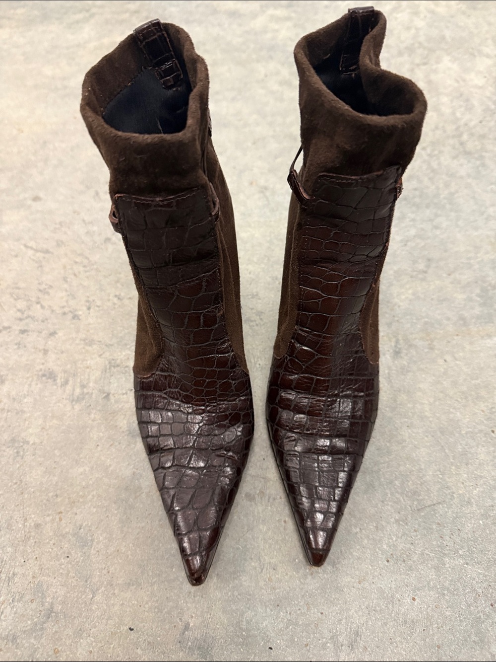 Donald J. Pliner Pointed Croc-Embossed Suede Ankle Boots in Dark Brown